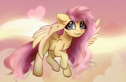 Size: 1280x832 | Tagged: safe, artist:radioaxi, artist:reterica, imported from derpibooru, fluttershy, pegasus, pony, chest fluff, cloud, cute, female, heart, heart eyes, looking at you, mare, shyabetes, sky, smiling, solo, spread wings, three quarter view, wingding eyes, wings