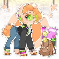 Size: 894x894 | Tagged: safe, artist:docsyers, imported from derpibooru, oc, oc only, oc:wave length (ice1517), alien, earth pony, pony, anklet, bag, book, bracelet, clothes, cup, ear piercing, earring, eyeshadow, female, flask, freckles, glasses, jacket, jeans, jewelry, journal, makeup, mare, necklace, pants, piercing, shirt, solo, sunglasses, t-shirt, tattoo, ufo, unshorn fetlocks, varsity jacket, watch, wristband, wristwatch
