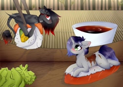 Size: 1280x905 | Tagged: safe, artist:php145, artist:reterica, imported from derpibooru, oc, oc only, oc:moonsonat, pegasus, pony, unicorn, blushing, chopsticks, duo, food, leonine tail, looking at you, micro, ponies in food, ponies in sushi, sushi, sushi pony, wasabi