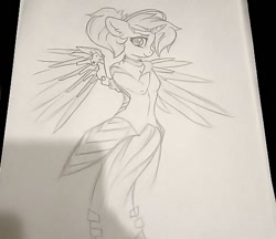 Size: 529x457 | Tagged: safe, artist:php145, artist:reterica, imported from derpibooru, anthro, crossover, mercy, monochrome, overwatch, ponified, sketch, solo, traditional art