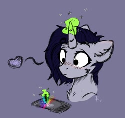 Size: 568x533 | Tagged: safe, artist:radioaxi, artist:reterica, imported from derpibooru, oc, oc only, oc:moonsonat, pony, unicorn, bust, drawing tablet, heart, simple background, solo
