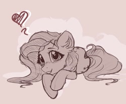 Size: 1280x1067 | Tagged: safe, artist:radioaxi, artist:reterica, imported from derpibooru, fluttershy, pegasus, pony, blushing, colored sketch, cute, ear fluff, female, gritted teeth, heart, limited palette, looking at you, mare, monochrome, prone, shyabetes, sketch, smiling, solo, three quarter view