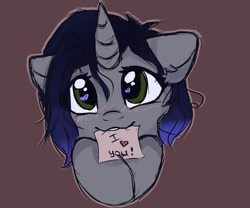 Size: 1280x1067 | Tagged: safe, artist:radioaxi, artist:reterica, imported from derpibooru, oc, oc only, oc:moonsonat, pony, unicorn, blushing, bust, cute, heart eyes, looking at you, mouth hold, note, ocbetes, simple background, solo, text, wingding eyes