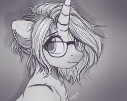 Size: 1000x800 | Tagged: safe, artist:radioaxi, artist:reterica, imported from derpibooru, oc, oc only, oc:moonsonat, pony, unicorn, bust, glasses, monochrome, simple background, solo