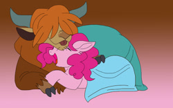 Size: 800x500 | Tagged: safe, artist:zee-stitch, imported from derpibooru, pinkie pie, prince rutherford, earth pony, pony, yak, cloven hooves, female, gradient background, male, pinkieford, shipping, straight