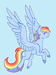Size: 1200x1600 | Tagged: safe, artist:flaming-trash-can, imported from derpibooru, rainbow dash, pegasus, pony, blue background, female, flying, mare, simple background, wings