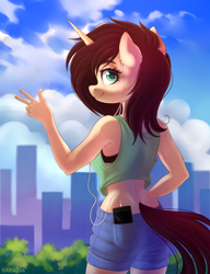 Size: 1800x2340 | Tagged: safe, artist:hakaina, imported from derpibooru, oc, oc only, oc:nari, anthro, unicorn, anthro oc, clothes, denim shorts, headset, midriff, phone, scenery, shorts, tanktop