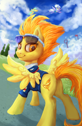 Size: 3716x5669 | Tagged: safe, artist:gingerady, imported from derpibooru, cloudchaser, spitfire, sunshower raindrops, pegasus, pony, absurd resolution, butt, captain, clothes, cutie mark, female, firebutt, mare, plot, scenery, smiling, solo focus, sunglasses, uniform, wonderbolts dress uniform