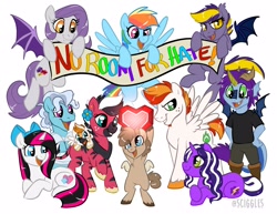 Size: 3300x2550 | Tagged: safe, artist:sciggles, imported from derpibooru, rainbow dash, oc, oc:blazingstar, oc:chickenwing, oc:firenvy, oc:heart stitches, oc:monapia, oc:purpletinker, oc:rubiowolf, bat pony, pegasus, pony, unicorn, bat pony oc, bat wings, bipedal, bow, eye clipping through hair, fangs, female, flying, grin, hair bow, high res, hoof hold, hooves, horn, male, mare, open mouth, open smile, pegasus oc, raised hoof, signature, simple background, smiling, spread wings, stallion, standing, tail, two toned mane, two toned tail, unicorn oc, unshorn fetlocks, white background, wings