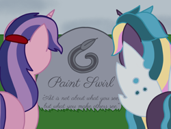 Size: 2048x1536 | Tagged: safe, artist:kindheart525, deleted from derpibooru, imported from derpibooru, oc, oc only, oc:amethyst glow, oc:bedbug, changepony, hybrid, kindverse, bittersweet, duo, gravestone, implied death, magical gay spawn, next generation, offspring, offspring's offspring, parent:oc:ambrosia, parent:oc:hawk eye, parent:oc:paint swirl, parent:oc:royal splendor, parents:oc x oc