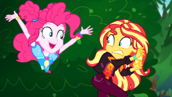 Size: 1918x1080 | Tagged: safe, imported from derpibooru, screencap, pinkie pie, sunset shimmer, equestria girls, equestria girls series, sunset's backstage pass!, spoiler:eqg series (season 2), arms in the air, cute, diapinkes, duo, duo female, female, geode of empathy, geode of sugar bombs, happy, magical geodes, open mouth, pinkie being pinkie, shocked, shocked expression, smiling