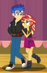 Size: 1280x1979 | Tagged: safe, artist:paulysentry, deleted from derpibooru, imported from derpibooru, flash sentry, sunset shimmer, equestria girls, equestria girls series, boots, converse, cute, female, flashimmer, looking at each other, male, raised leg, shimmerbetes, shipping, shoes, sneakers, straight