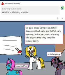 Size: 500x578 | Tagged: safe, artist:ask-luciavampire, imported from derpibooru, oc, pegasus, pony, unicorn, vampire, vampony, tumblr:the-vampire-academy, 1000 hours in ms paint, ask, sleepy, tumblr