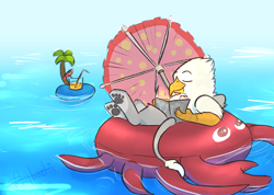Size: 1234x879 | Tagged: safe, artist:scruffasus, imported from derpibooru, oc, oc only, oc:der, crab, griffon, drink, floating, male, paw pads, paws, solo, straw, umbrella, underpaw, water