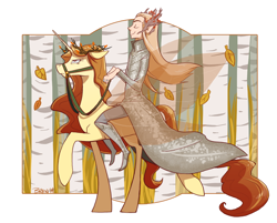 Size: 810x650 | Tagged: safe, artist:goatsocks, imported from derpibooru, oc, oc:titania, elf, pony, unicorn, annoyed, bridle, crown, duo, eyes closed, female, jewelry, lord of the rings, male, mare, regalia, reins, riding, robes, tack, thandruil