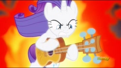 Size: 1280x720 | Tagged: safe, imported from derpibooru, screencap, rarity, pony, unicorn, honest apple, angry, badass, catasterism, discovery family logo, female, fire, gritted teeth, guitar, guitarity, heavy metal, mare, musical instrument, solo