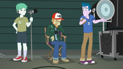 Size: 1280x718 | Tagged: safe, imported from derpibooru, screencap, chase reverb, nervous pa, equestria girls, movie magic, spoiler:eqg specials, cap, clothes, converse, frustrated, grin, hat, legs, male, microphone, nervous, nervous grin, pants, shoes, shorts, smiling, sneakers