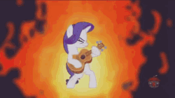 Size: 576x324 | Tagged: safe, imported from derpibooru, screencap, rarity, pony, unicorn, honest apple, angry, animated, badass, bipedal, brütal, female, fire, gif, gritted teeth, guitar, guitarity, heavy metal, logo, mare, metal, metal as fuck, musical instrument, perfect loop, solo