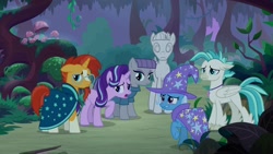 Size: 1920x1080 | Tagged: safe, imported from derpibooru, screencap, maud pie, mudbriar, starlight glimmer, sunburst, terramar, trixie, classical hippogriff, hippogriff, pony, student counsel, petrification, rockbriar