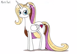 Size: 3492x2479 | Tagged: safe, artist:killerteddybear94, imported from derpibooru, oc, oc only, oc:merry heart, alicorn, pony, alicorn oc, cute, cutie mark, female, looking at you, mare, simple background, smiling, solo, traditional art, white background
