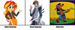 Size: 1008x403 | Tagged: safe, imported from derpibooru, sunset shimmer, equestria girls, background pony strikes again, meme, op is a duck, op is trying to start shit, poochie, seto kaiba, the simpsons, what i watched, yu-gi-oh!