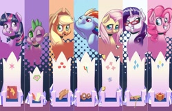 Size: 2550x1650 | Tagged: safe, artist:princrim, imported from derpibooru, applejack, fluttershy, pinkie pie, rainbow dash, rarity, spike, twilight sparkle, alicorn, butterfly, dragon, earth pony, pegasus, pony, unicorn, applejack's hat, book, cowboy hat, cutie mark, end of ponies, farewell, female, friendship throne, glasses, goggles, hat, male, mane seven, mane six, mare, measuring tape, one eye closed, open mouth, present, quill, rarity's glasses, rest in peace, scroll, smiling, superman, the end, the end is neigh, throne, twilight sparkle (alicorn), wink
