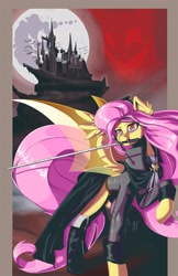 Size: 1650x2550 | Tagged: safe, artist:princrim, imported from derpibooru, fluttershy, nightmare moon, bat pony, pony, vampire, alucard, alucard (castlevania), alushy, alushy (castlevania version), badass, bat ponified, castle, castlevania, clothes, female, flutterbadass, flutterbat, full moon, mare, mare in the moon, moon, mouth hold, race swap, raised hoof, sword, weapon