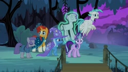 Size: 1920x1080 | Tagged: safe, imported from derpibooru, screencap, maud pie, mudbriar, starlight glimmer, sunburst, terramar, trixie, classical hippogriff, hippogriff, pony, student counsel, cape, clothes, hat, magic, petrification, rockbriar, trixie's cape, trixie's hat
