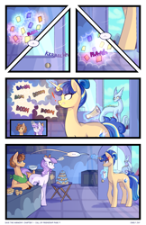 Size: 2301x3549 | Tagged: safe, artist:darlyjay, imported from derpibooru, oc, oc only, oc:dazzle pin, oc:ginger gold, oc:sterling sentry, pony, unicorn, comic:save the harmony, comic, crystal empire, female, magic, male, mare, offspring, parent:applejack, parent:flash sentry, parent:pinkie pie, parent:pokey pierce, parent:trouble shoes, parent:twilight sparkle, parents:flashlight, parents:pokeypie, parents:troublejack, stallion