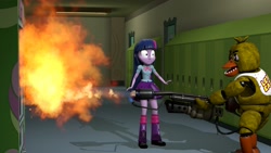 Size: 2773x1560 | Tagged: safe, artist:fazbearsparkle, imported from derpibooru, twilight sparkle, equestria girls, 3d, canterlot high, chica, crossover, drink dispenser, fire, five nights at freddy's, flame thrower, source filmmaker, surprised