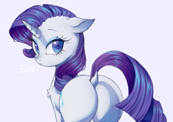 Size: 1016x719 | Tagged: safe, artist:toroitimu, imported from derpibooru, rarity, pony, unicorn, butt, chest fluff, cute, dialogue, dock, female, looking at you, looking back, looking back at you, mare, plot, rearity, simple background, solo, white background