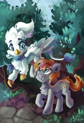 Size: 1920x2819 | Tagged: safe, artist:saxopi, imported from derpibooru, oc, oc only, oc:gallant hymn, oc:silvia duskquill, earth pony, griffon, pony, female, flying, forest, male, stallion