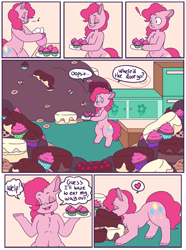 Size: 3109x4172 | Tagged: safe, artist:fatfurparadise, imported from derpibooru, part of a set, pinkie pie, pony, bipedal, cake, candy, comic, cupcake, female, food, sequence, solo, sugarcube corner, sweets, this will end in weight gain