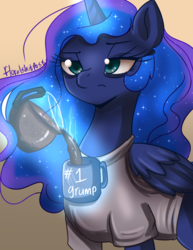 Size: 2550x3300 | Tagged: safe, artist:floralshitpost, imported from derpibooru, princess luna, alicorn, pony, bags under eyes, coffee, coffee mug, coffee pot, female, grumpy, magic, mare, mug, simple background, sleepy, solo, telekinesis, tired