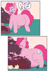 Size: 3000x4516 | Tagged: safe, artist:fatfurparadise, imported from derpibooru, part of a set, pinkie pie, pony, cake, comic, cupcake, fat, female, food, large belly, large butt, messy, messy eating, obese, piggy pie, pudgy pie, solo, weight gain