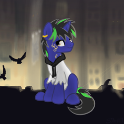 Size: 2100x2100 | Tagged: safe, artist:sjart117, edit, imported from derpibooru, oc, oc only, oc:dust rock, bird, crow, unicorn, building, city, clothes, color change, ear piercing, earring, fillydelphia, hoodie, jewelry, male, markings, night, piercing, rock pony, rocker, sitting, solo, stallion, streetlight