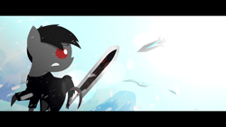 Size: 2666x1500 | Tagged: safe, artist:darksoma, imported from derpibooru, oc, oc only, oc:darksoma, pony, blade of fate, blizzard, cinematic, cinematic bars, exclusive, fight, lens flare, red eyes, snow, snowfall, snowy wasteland, solo, spear, species:darksider, sword, the darksiders, void crystal, weapon