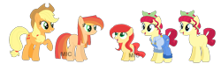 Size: 1600x469 | Tagged: safe, artist:mic-draws, artist:selenaede, artist:strawberry-spritz, imported from derpibooru, applejack, torque wrench, oc, oc:rosie, oc:strawberry, earth pony, pony, rainbow roadtrip, apple wrench, base used, blank flank, clothes, female, filly, freckles, lesbian, magical lesbian spawn, mare, offspring, open mouth, overalls, parent:applejack, parent:torque wrench, parents:apple wrench, rainbowverse, raised hoof, shipping, shirt, simple background, transparent background