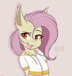 Size: 1412x1500 | Tagged: safe, artist:higgly-chan, imported from derpibooru, fluttershy, bat pony, semi-anthro, bat ponified, clothes, fangs, female, flutterbat, hoodie, looking sideways, mare, midriff, pink background, race swap, sassy, simple background, slit eyes, slit pupils, smiling, solo, tongue out