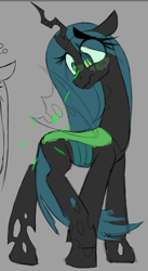 Size: 498x912 | Tagged: artist needed, safe, imported from derpibooru, queen chrysalis, changeling, changeling queen, /mlp/, 4chan, blushing, bugbutt, crown, female, jewelry, looking at self, looking back, regalia, solo