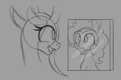 Size: 1073x708 | Tagged: artist needed, safe, imported from derpibooru, pinkie pie, queen chrysalis, changeling, changeling queen, /mlp/, 4chan, female, grin, mirror, monochrome, open mouth, smiling, solo