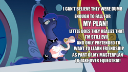 Size: 1382x777 | Tagged: safe, edit, edited screencap, imported from derpibooru, screencap, princess luna, goose, sparkle's seven, caption, headcanon, image macro, luna petting goose, plot twist, text