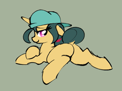 Size: 867x649 | Tagged: safe, artist:masserey, imported from derpibooru, fresh coat, pony, unicorn, backwards ballcap, baseball cap, bedroom eyes, butt, cap, dock, female, hat, looking at you, looking back, looking back at you, mare, plot, prone, raised tail, smiling, solo, tail