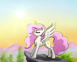 Size: 1000x802 | Tagged: safe, artist:zetamad, imported from derpibooru, princess celestia, alicorn, pony, chest fluff, cliff, concentrating, eyes closed, female, glowing horn, horn, pink-mane celestia, raising the sun, solo, spread wings, wings