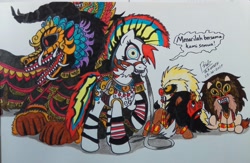 Size: 2902x1896 | Tagged: safe, artist:boyoxhot, imported from derpibooru, pony, barongan, colt, fangs, female, indonesia, kuda lumping, male, mare, mask, ponified, reog, whip