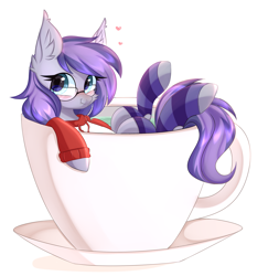 Size: 2763x2838 | Tagged: safe, artist:pesty_skillengton, imported from derpibooru, oc, oc only, oc:andromeda galaktika, bat pony, pony, bat pony oc, blushing, cheek fluff, clothes, cup, cup of pony, cute, cute little fangs, ear fluff, ear tufts, fangs, female, food, glasses, heart, hoodie, looking at you, mare, micro, socks, solo, striped socks, tea