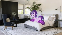 Size: 641x361 | Tagged: safe, artist:an-tonio, editor:undeadponysoldier, imported from derpibooru, starlight glimmer, pony, unicorn, bed, bedroom, bedroom eyes, butt, carpet, chair, clothes, female, irl, laying on bed, laying on stomach, looking at you, lying down, lying on bed, mare, photo, pillow, plant, plot, ponies in real life, prone, rug, socks, stockings, striped socks, thigh highs, window