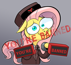 Size: 1106x1024 | Tagged: safe, artist:hotdiggedydemon, edit, imported from derpibooru, fluttershy, pegasus, pony, absurd resolution, anxiety, anxious, banned, bipedal, clothes, crossover, female, floppy ears, glory to arstotzka, gradient background, gray background, hat, hoof hold, inspector, looking at you, mare, mismatched eyes, papers please, parody, simple background, smiling, solo, stamp, stamp of approval, uniform, vannamelon, wide eyes