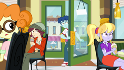 Size: 1920x1080 | Tagged: safe, imported from derpibooru, screencap, cloudy kicks, curly winds, normal norman, orange slice, scribble dee, some blue guy, human, equestria girls, equestria girls (movie), background character, background human, beanie, belt, chair, clothes, door, drink, drinking, female, glasses, hat, jacket, male, milkshake, ponytail, shirt, shoes, sitting, skirt, sneakers