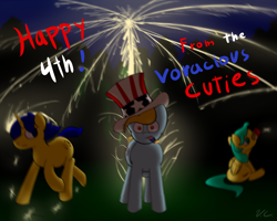 Size: 1500x1200 | Tagged: safe, artist:voraciouscutie, imported from derpibooru, oc, oc:blueberry crepe, oc:dutchie mills, oc:frozen star, pony, 4th of july, american independence day, fire, fireworks, holiday, this will end in explosions, this will end in pain, this will not end well